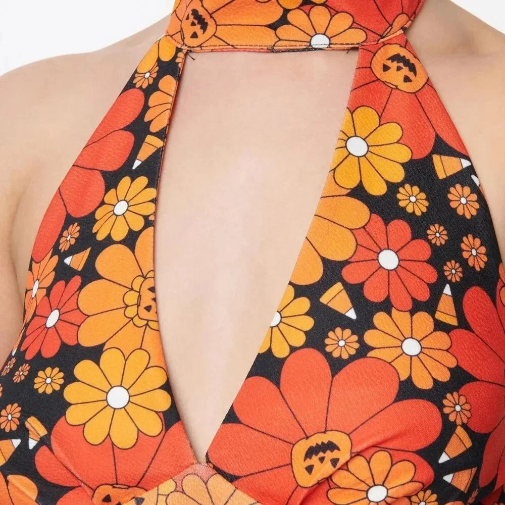 Unique Vintage Floral Halter Jumpsuit in Orange and Green - Picture 3 of 6